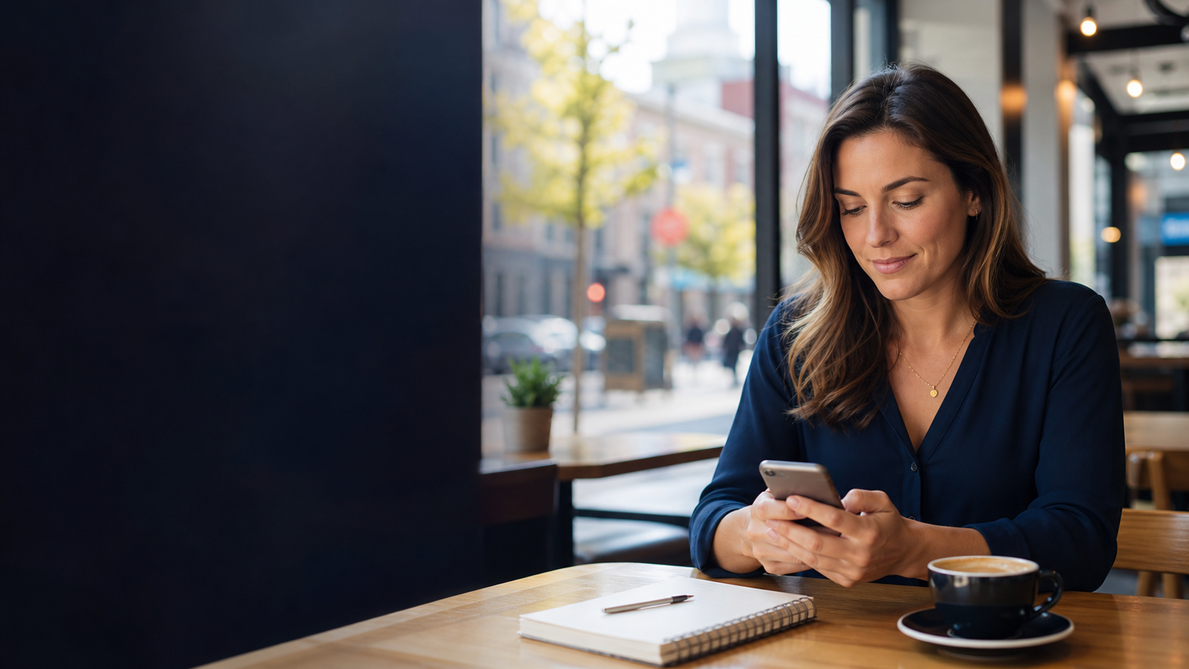 Adult woman thoughtfully composing a first message in a Denver cafe