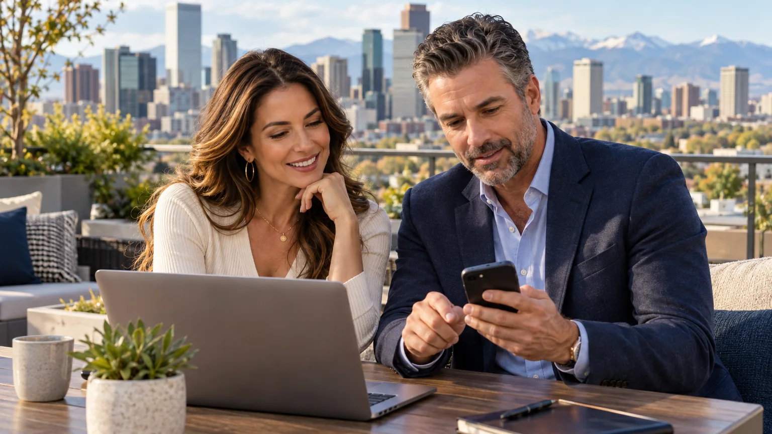 Two adults reviewing dating profiles on a Denver rooftop