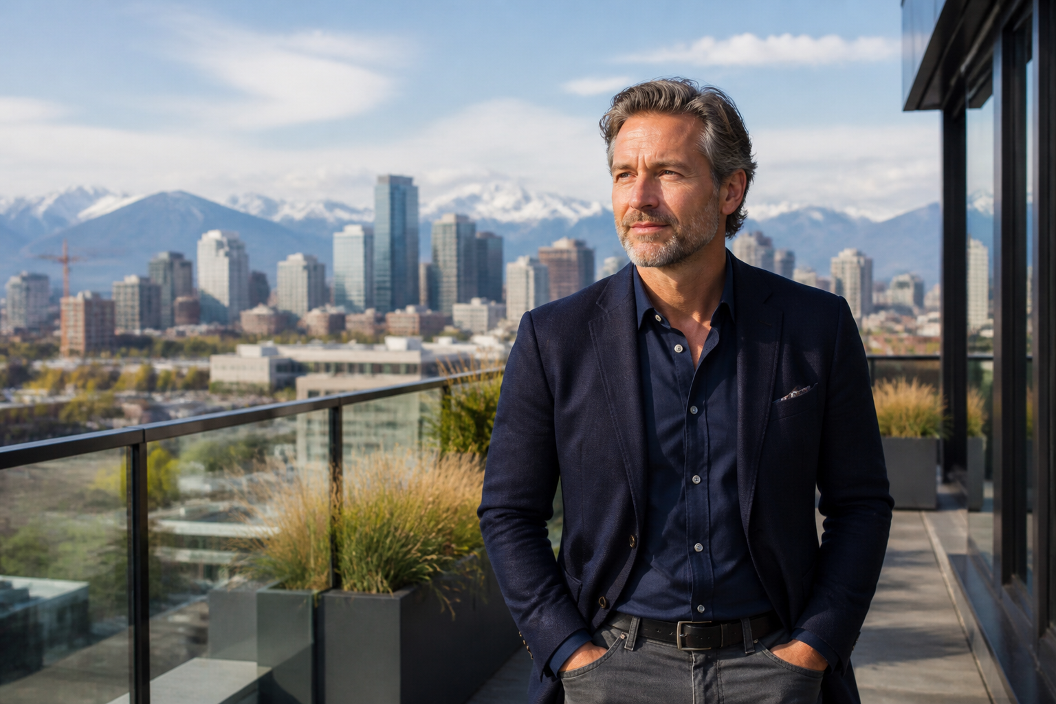 Mature Denver man overlooking the city and Rocky Mountains